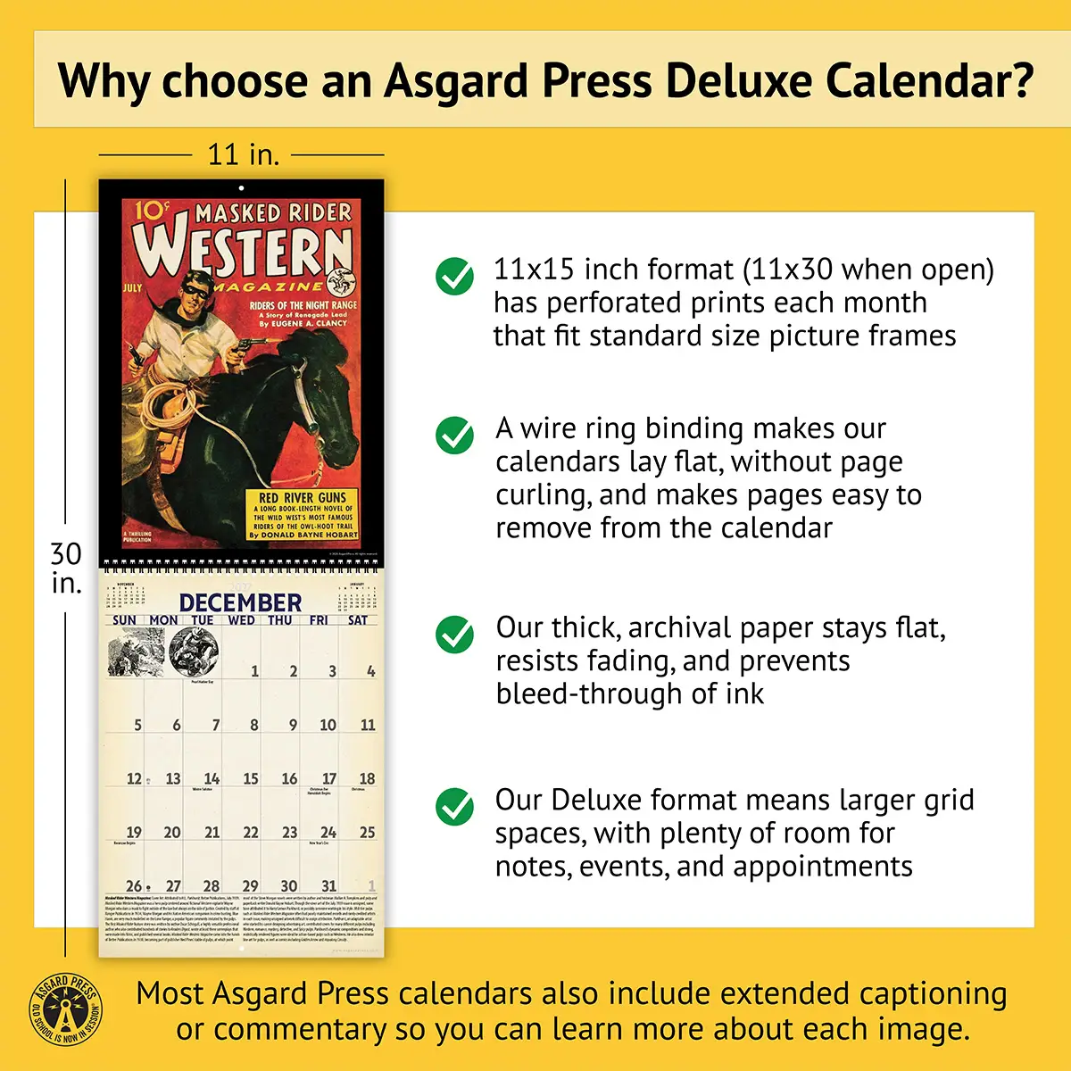 Features of the 2027 Vintage Pulp Westerns Deluxe Calendar, including removable prints, historical commentary, wire binding, and premium paper
