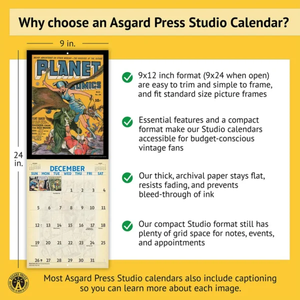 Features of the 2027 Vintage Sci-Fi Comics Studio Calendar, including removable prints, captions, wire binding, and premium paper