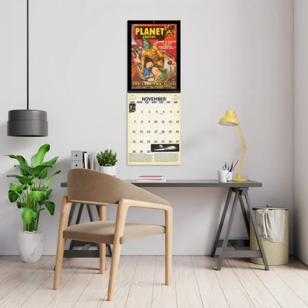 2027 Vintage Sci-Fi Deluxe Calendar hanging above a desk