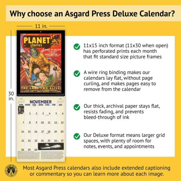 Features of the 2027 Vintage Sci-Fi Deluxe Calendar, including removable prints, historical commentary, wire binding, and premium paper