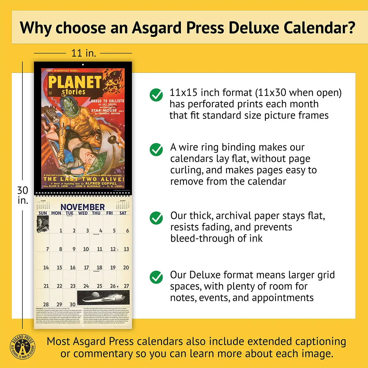 Features of the 2027 Vintage Sci-Fi Deluxe Calendar, including removable prints, historical commentary, wire binding, and premium paper