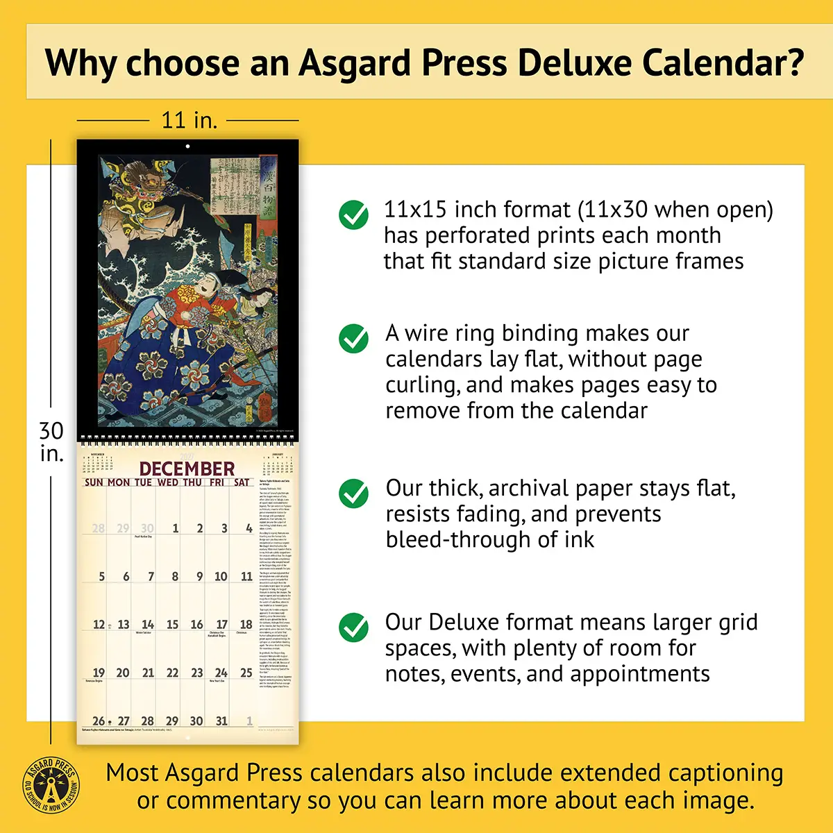 Features of the 2027 Vintage Spirits, Demons, & Warriors Deluxe Calendar, including removable prints, historical commentary, wire binding, and premium paper