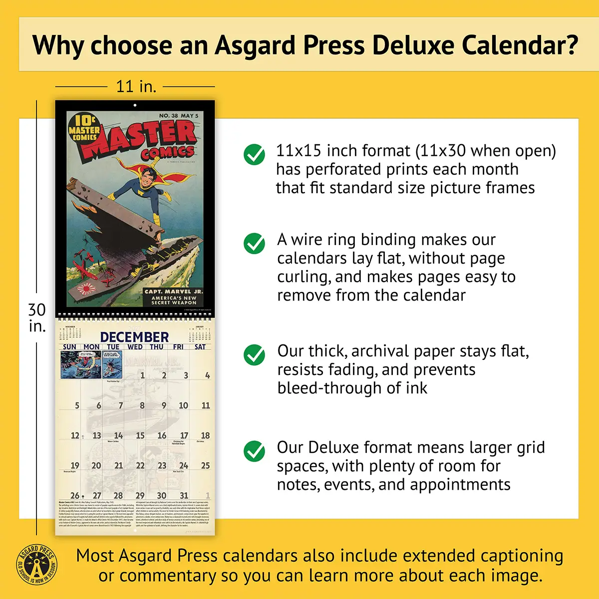 Features of the 2027 Vintage Superheroes Deluxe Calendar, including removable prints, historical commentary, wire binding, and premium paper