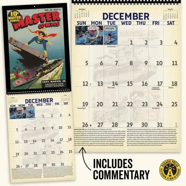Open spread and commentary from the 2027 Vintage Superheroes Deluxe Wall Calendar