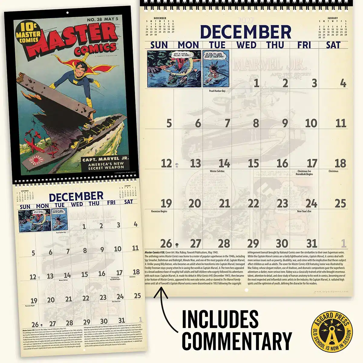 Open spread and commentary from the 2027 Vintage Superheroes Deluxe Wall Calendar