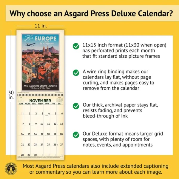 Features of the 2027 Vintage Travel Posters Deluxe Calendar, including removable prints, destination commentary, wire binding, and premium paper