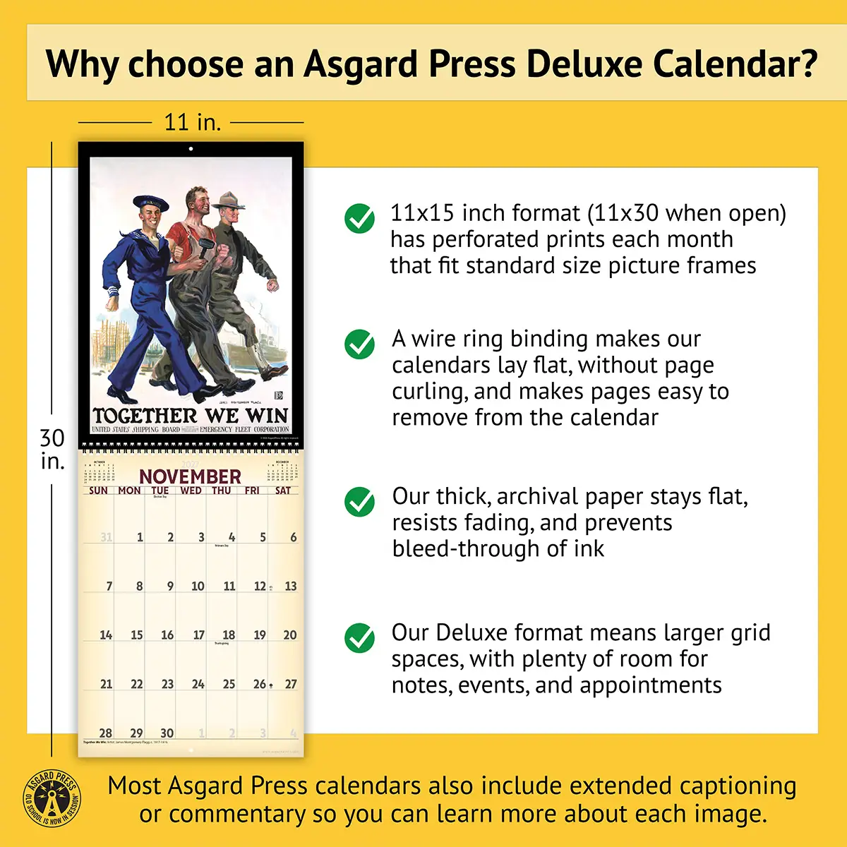 Features of the 2027 Vintage War Posters Deluxe Calendar, including removable prints, captions, wire binding, and premium paper