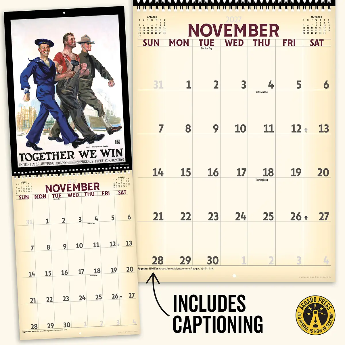 Open spread and captions from the 2027 Vintage War Posters Deluxe Wall Calendar