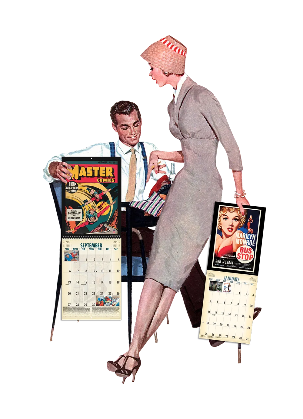 Mid-century couple holding Asgard Press vintage calendars