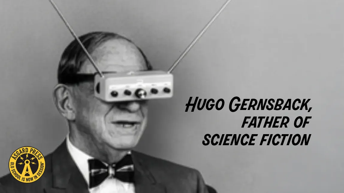 A photograph of Hugo Gernsback taken in 1963 showing him wearing television goggles.