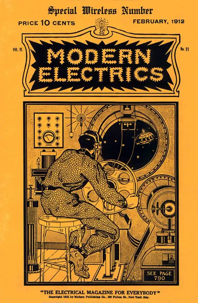 Modern Electrics, Volume 4 Number 11, February 1912, featuring an illustration for Hugo Gernsback's own science fiction story, Ralph 124C 41+.