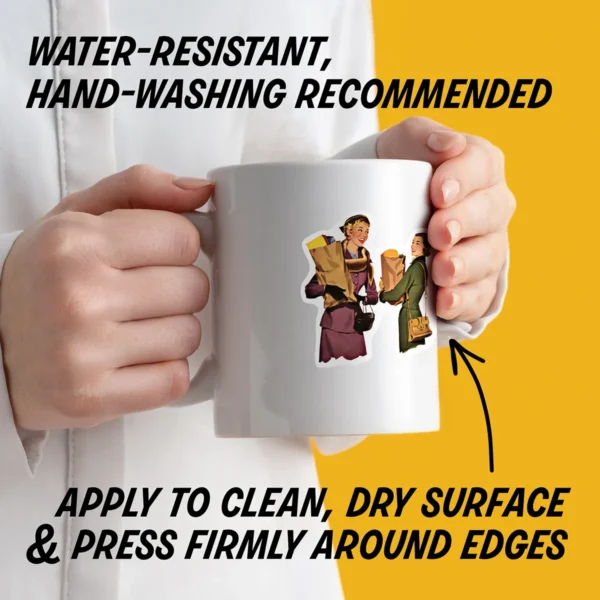 Water-resistant sticker on a mug with instructions to apply to a clean, dry surface, press edges firmly, and hand wash decorated items.