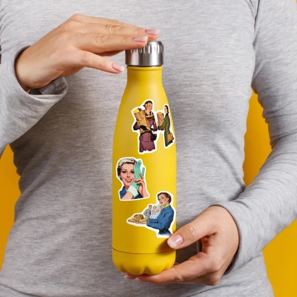 A sampling of stickers from the Retro 1950s Housewives sticker set stuck on a water bottle