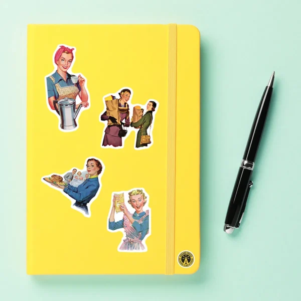 A sampling of stickers from the Retro 1950s Housewives sticker set stuck on a notebook