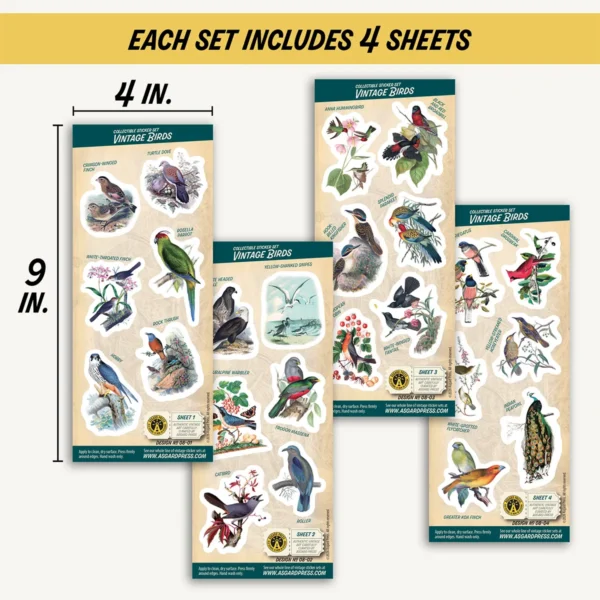 Four 4x9-inch sheets of Vintage Birds stickers