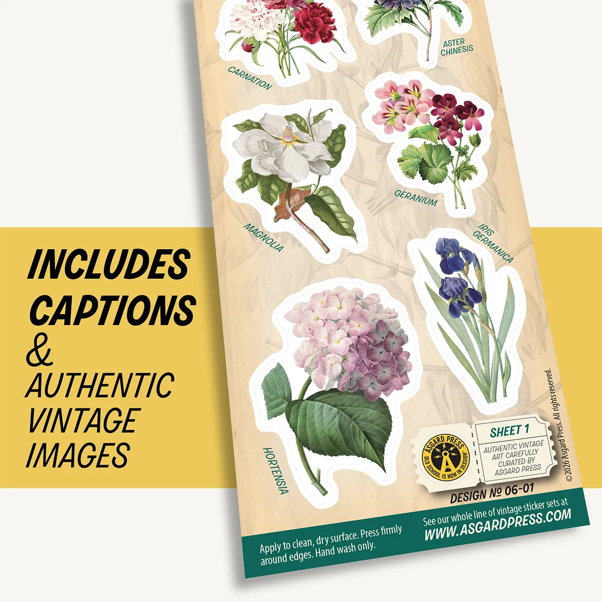 Graphic showing artwork of Vintage Botanicals sticker sheet and included captions