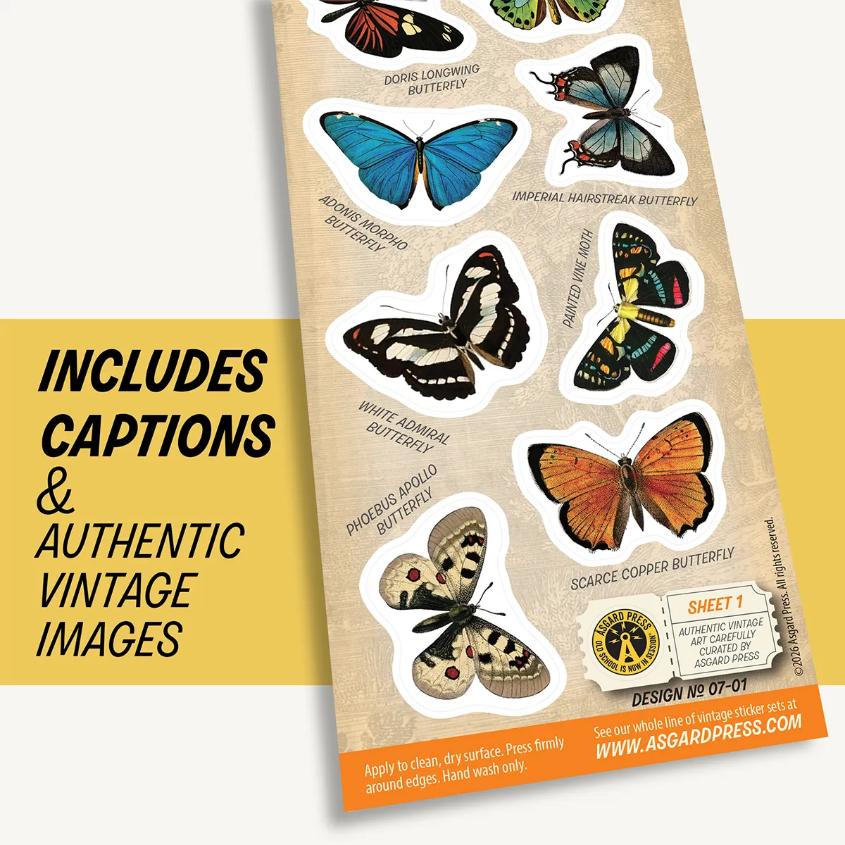 Graphic showing artwork of Vintage Butterflies sticker sheet and included captions