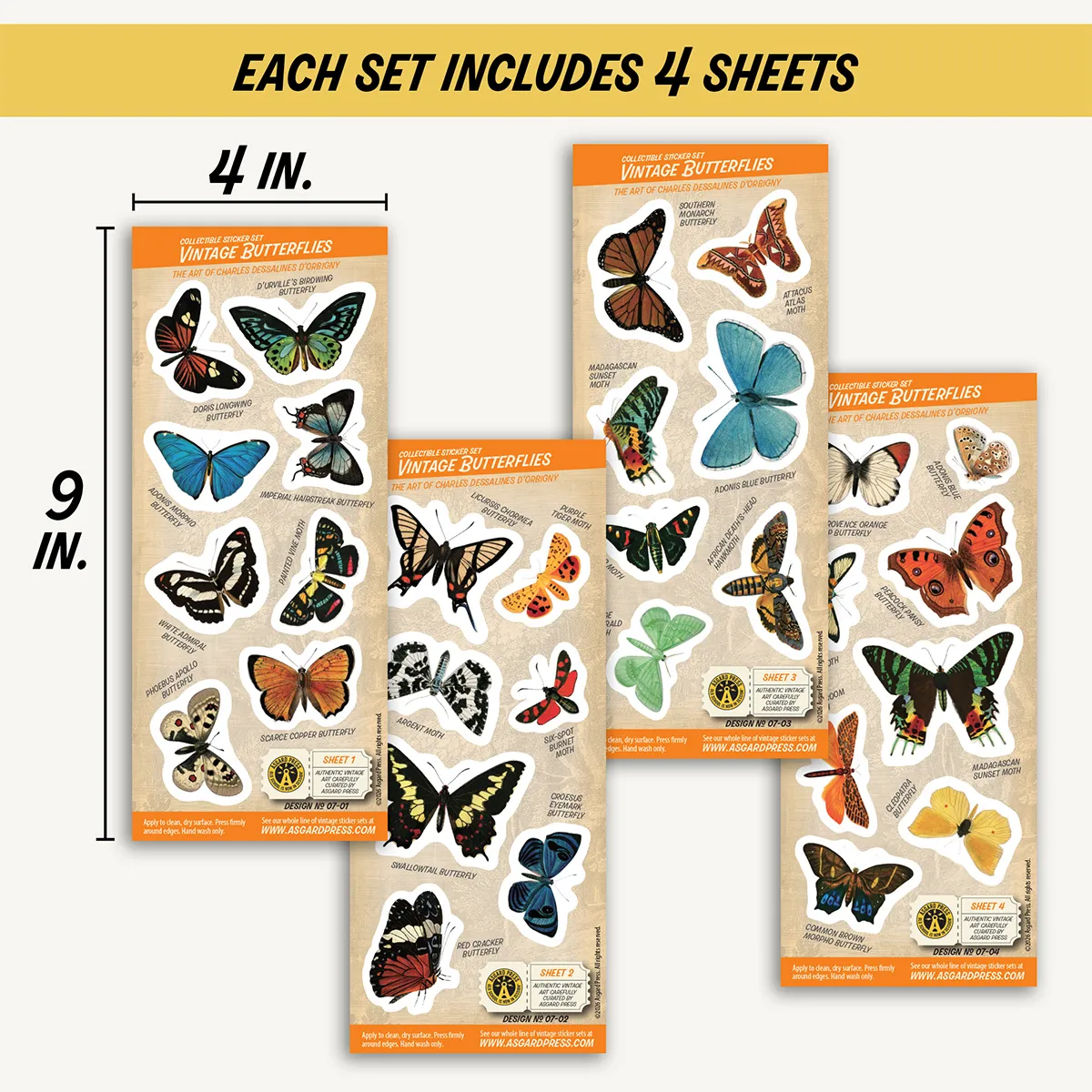Four 4x9-inch sheets of Vintage Butterflies stickers