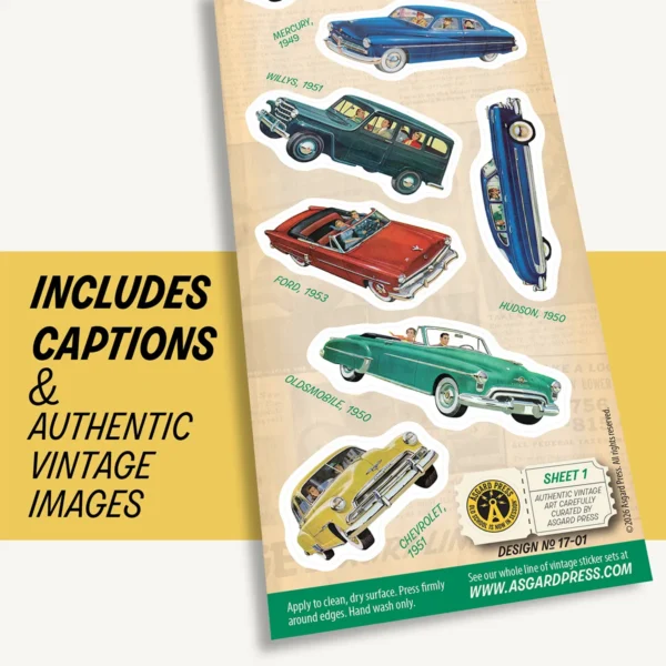 Graphic showing artwork of Vintage Cars sticker sheet and included captions