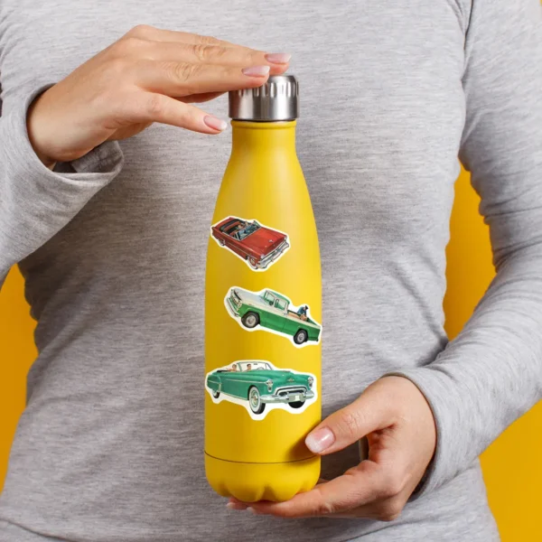 A sampling of stickers from the Vintage Cars sticker set stuck on a water bottle