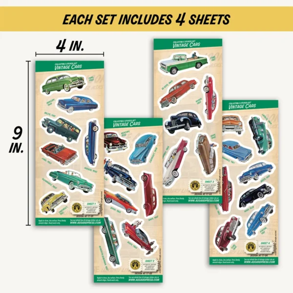 Four 4x9-inch sheets of Vintage Cars stickers