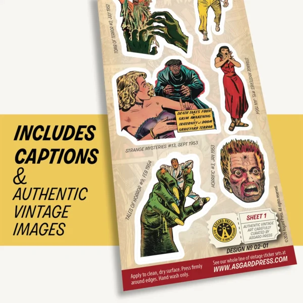 Graphic showing artwork of Vintage Faces of Horror sticker sheet and included captions