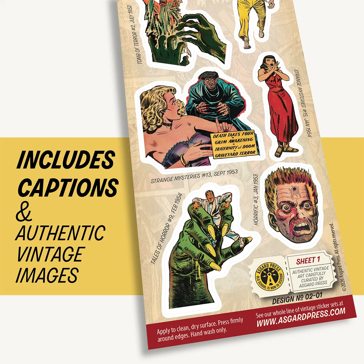 Graphic showing artwork of Vintage Faces of Horror sticker sheet and included captions
