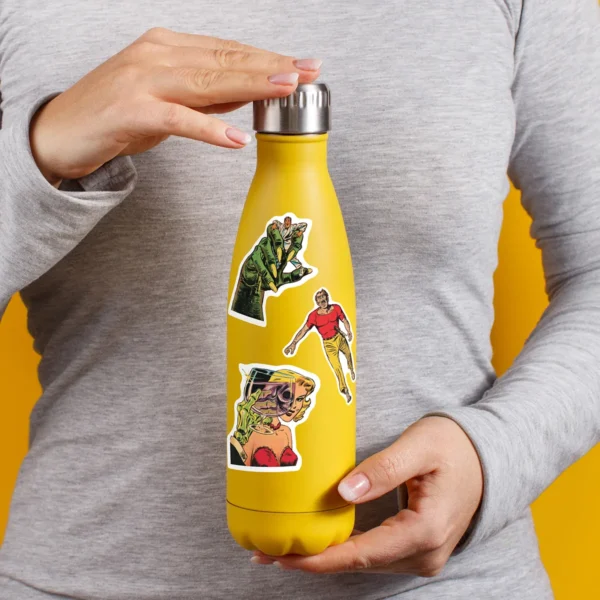 A sampling of stickers from the Vintage Faces of Horror sticker set stuck on a water bottle