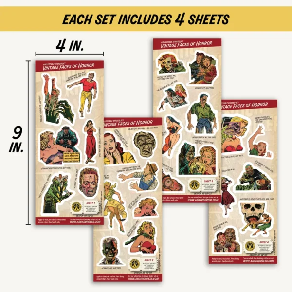 Four 4x9-inch sheets of Vintage Faces of Horror stickers
