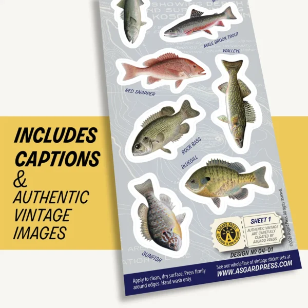 Graphic showing artwork of Vintage Fish sticker sheet and included captions