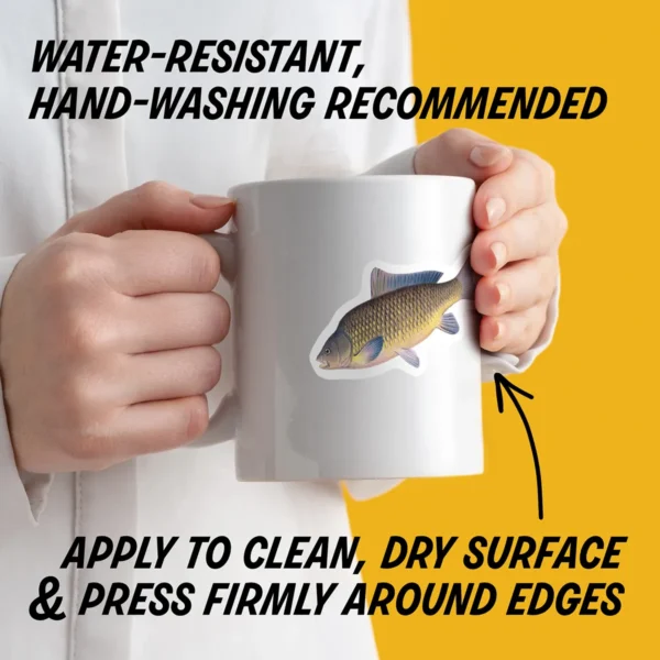 Water-resistant sticker on a mug with instructions to apply to a clean, dry surface, press edges firmly, and hand wash decorated items.