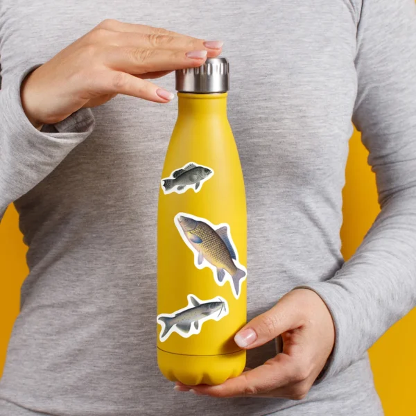 A sampling of stickers from the Vintage Fish sticker set stuck on a water bottle