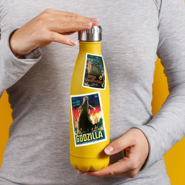 A sampling of stickers from the Vintage Horror Movies sticker set stuck on a water bottle