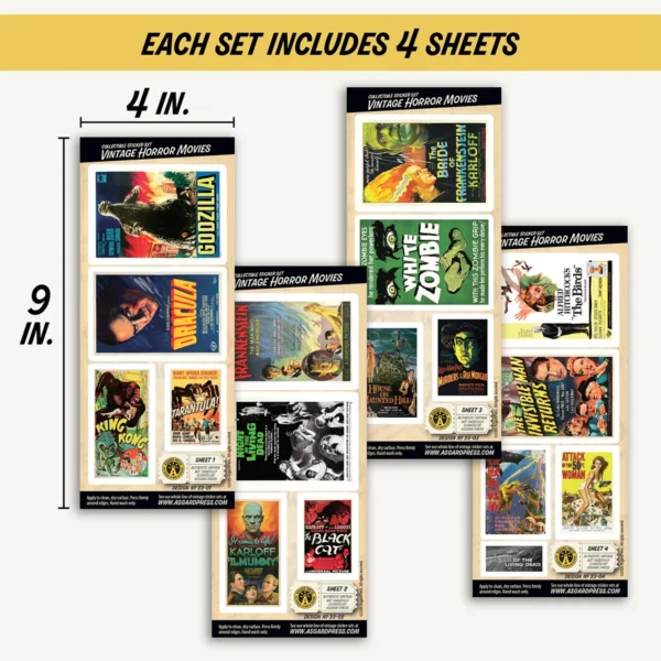 Four 4x9-inch sheets of Vintage Horror Movies stickers