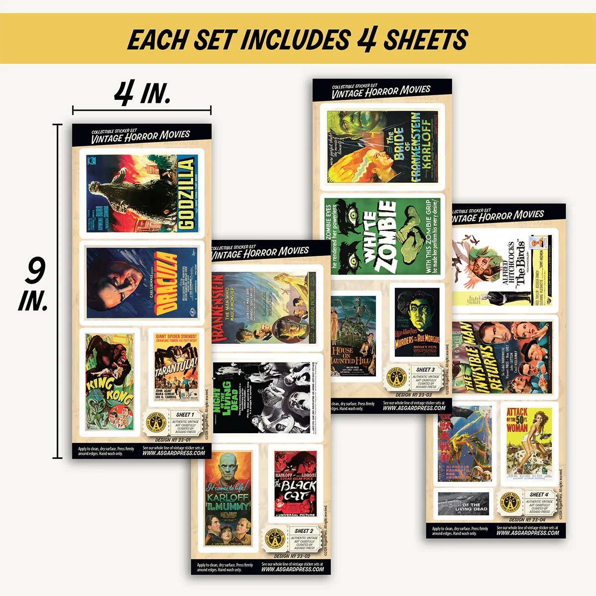 Four 4x9-inch sheets of Vintage Horror Movies stickers