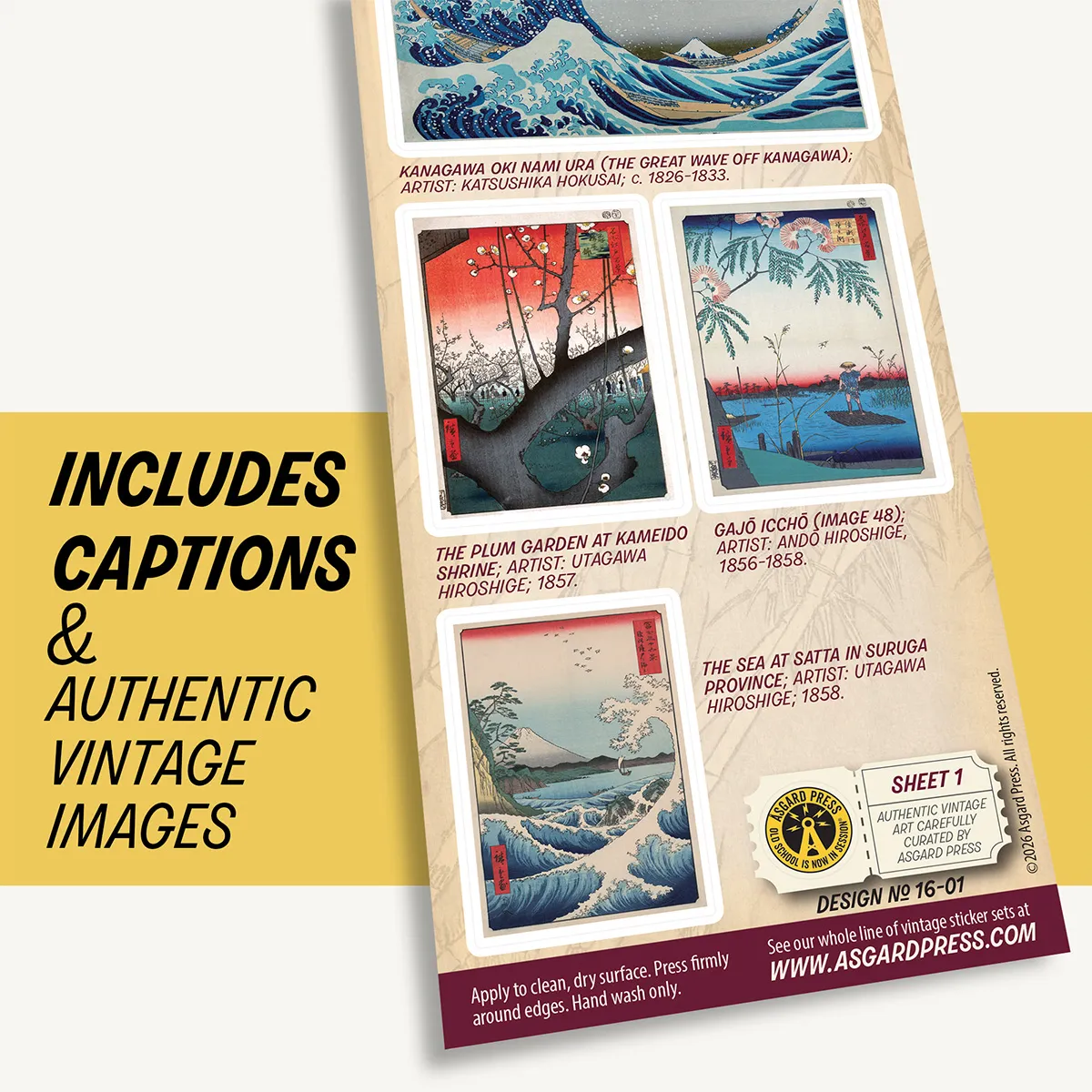 Graphic showing artwork of Vintage Japanese Prints sticker sheet and included captions