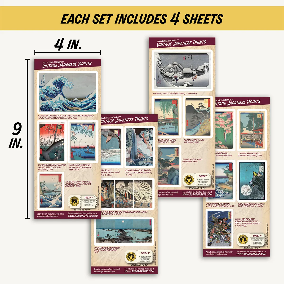 Four 4x9-inch sheets of Vintage Japanese Prints stickers