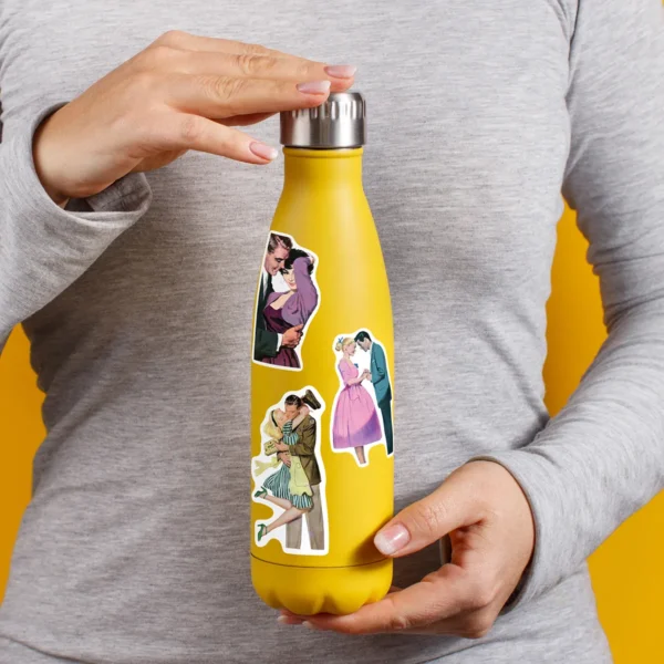 A sampling of stickers from the Vintage Love & Romance sticker set stuck on a water bottle