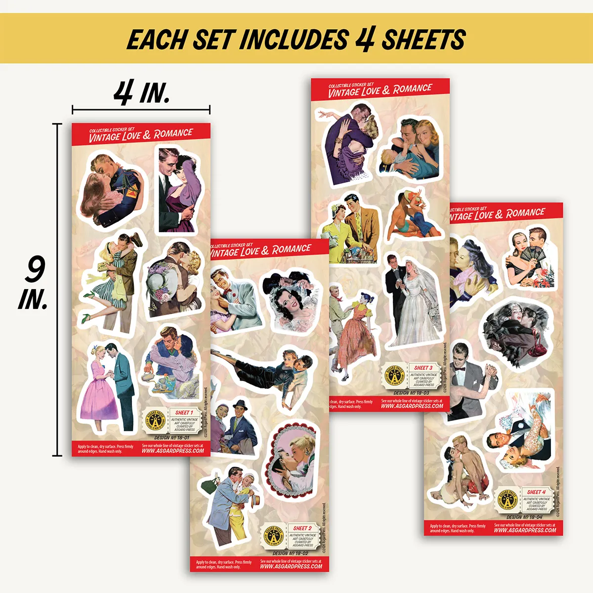 Four 4x9-inch sheets of Vintage Love & Romance stickers