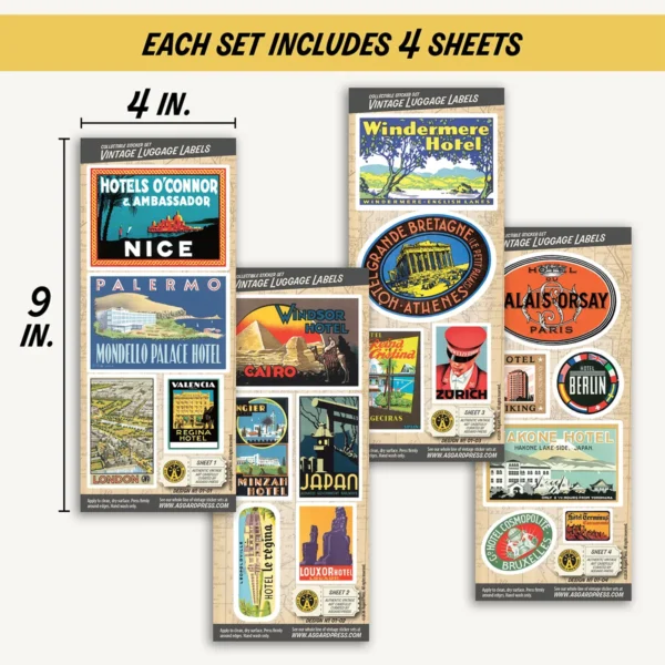 Four 4x9-inch sheets of Vintage Luggage Labels stickers