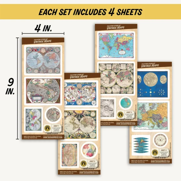 Four 4x9-inch sheets of Vintage Maps stickers