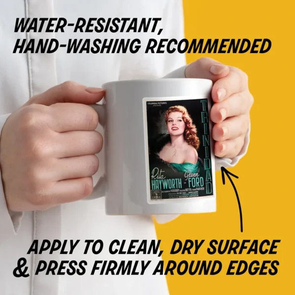 Water-resistant sticker on a mug with instructions to apply to a clean, dry surface, press edges firmly, and hand wash decorated items.