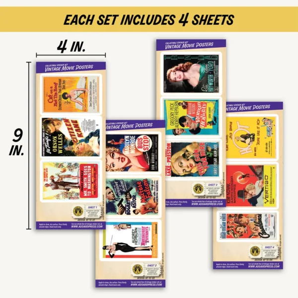 Four 4x9-inch sheets of Vintage Movie Posters stickers