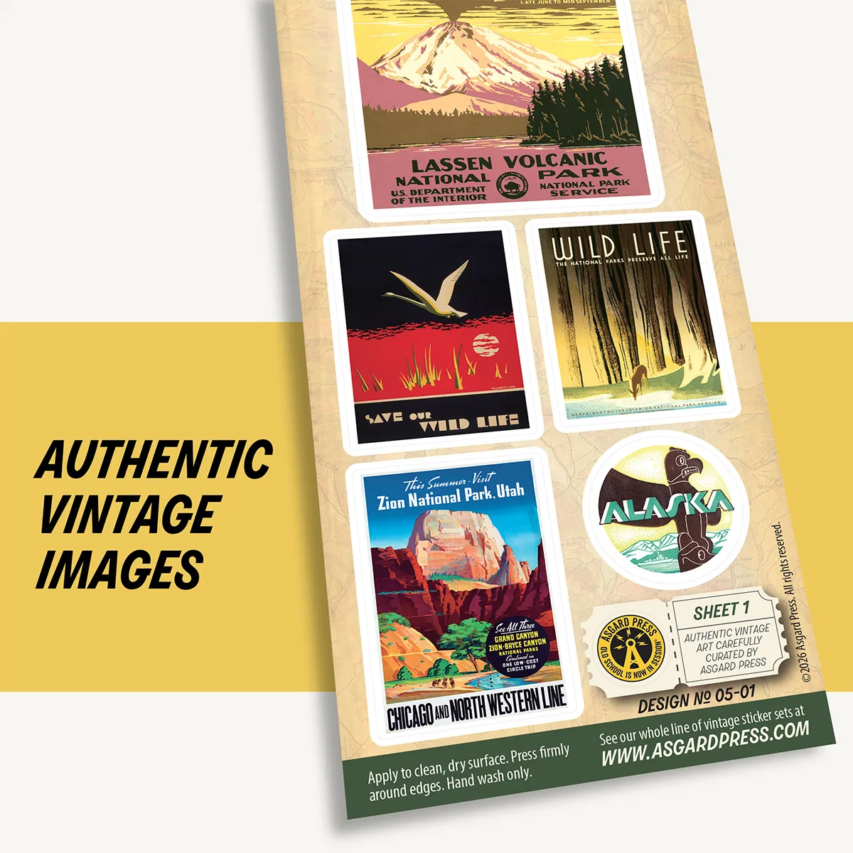 Graphic showing authentic vintage artwork of Vintage National Park Posters sticker sheet