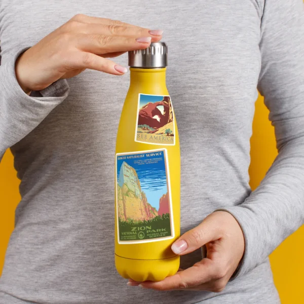 A sampling of stickers from the Vintage National Park Posters sticker set stuck on a water bottle