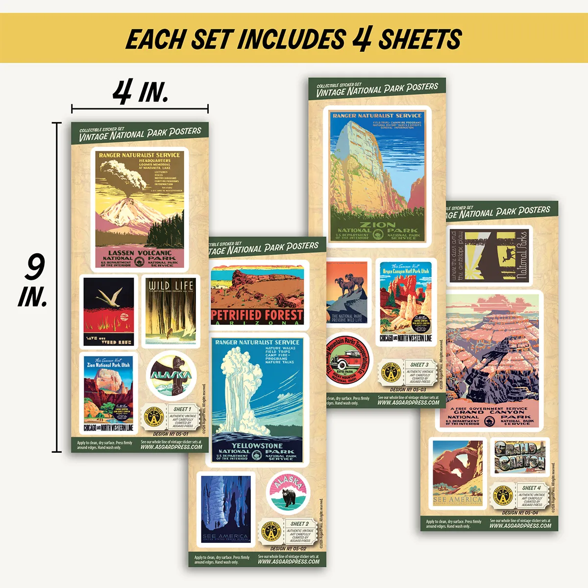 Four 4x9-inch sheets of Vintage National Park Posters stickers