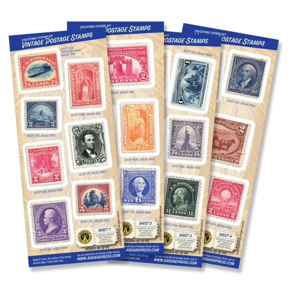 4-Sheet Vintage Postage Stamp Sticker Set