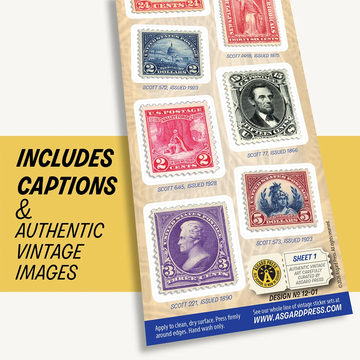 Graphic showing artwork of Vintage Postage Stamps sticker sheet and included captions
