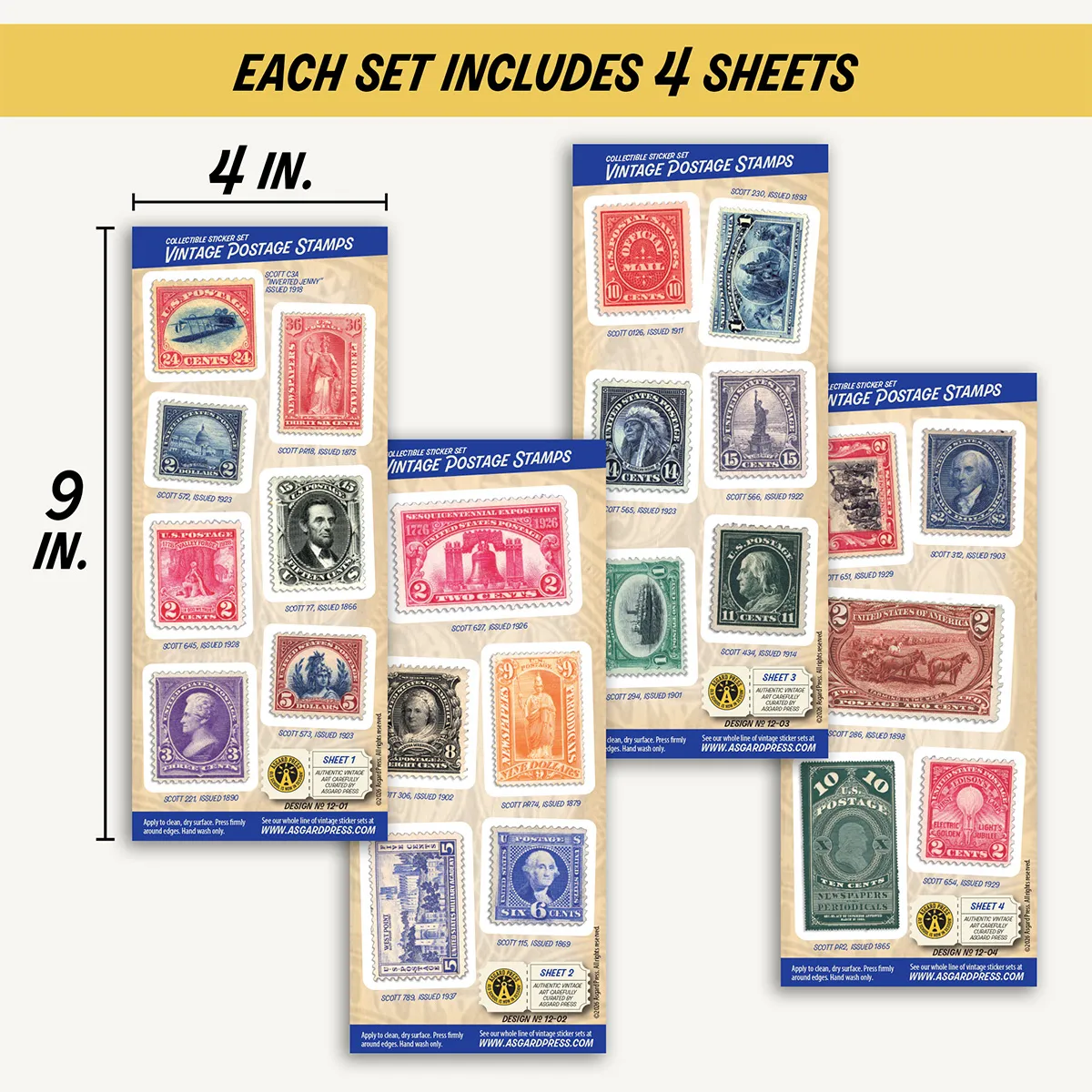 Four 4x9-inch sheets of Vintage Postage Stamps stickers
