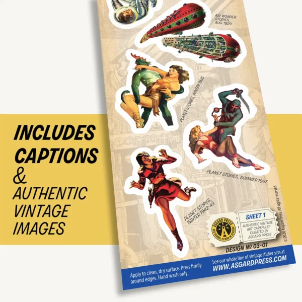 Graphic showing artwork of Vintage Sci-Fi Art sticker sheet and included captions